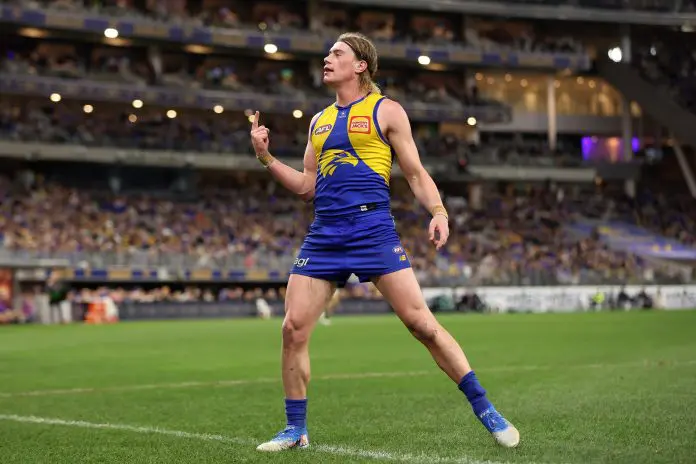 PERTH, AUSTRALIA - JULY 19: Harley Reid of the Eagles celebrates a goal during the round 19 AFL match between West Coast Eagles and Richmond Tigers at Optus Stadium on July 19, 2025 in Perth, Australia. (Photo by Janelle St Pierre/AFL Photos/via Getty Images)