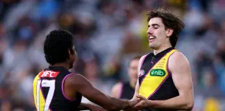 Richmond unretire club great’s number as new digits revealed for 2026 MELBOURNE, AUSTRALIA - JULY 27: Jonty Faull of the Tigers is congratulated by Maurice Rioli after kicking a goal during the round 20 AFL match between Richmond Tigers and Collingwood Magpies at Melbourne Cricket Ground on July 27, 2025 in Melbourne, Australia. (Photo by Daniel Pockett/Getty Images)