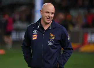 ADELAIDE , AUSTRALIA - AUGUST 16: Matthew Nicks, Senior Coach of the Crows during the 2025 AFL Round 23 match between the Adelaide Crows and the Collingwood Magpies at Adelaide Oval on August 16, 2025 in Adelaide, Australia. (Photo by James Elsby/AFL Photos via Getty Images)