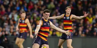 ADELAIDE , AUSTRALIA - AUGUST 16: Mark Keane of the Crows during the 2025 AFL Round 23 match between the Adelaide Crows and the Collingwood Magpies at Adelaide Oval on August 16, 2025 in Adelaide, Australia. (Photo by Sarah Reed/AFL Photos via Getty Images)