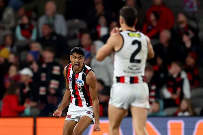 MELBOURNE, AUSTRALIA - AUGUST 15: Nasiah Wanganeen-Milera of the Saints celebrates kicking a goal during the round 23 AFL match between Essendon Bombers and St Kilda Saints at Marvel Stadium on August 15, 2025 in Melbourne, Australia. (Photo by Morgan Hancock/Getty Images)