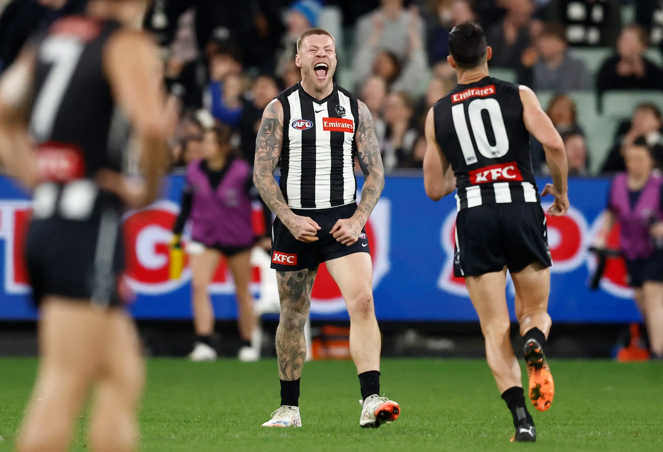 MELBOURNE, AUSTRALIA - AUGUST 22: Jordan De Goey of the Magpies celebrates a goal during the 2025 AFL Round 24 match between the Collingwood Magpies and the Melbourne Demons at the Melbourne Cricket Ground on August 22, 2025 in Melbourne, Australia. (Photo by Michael Willson/AFL Photos via Getty Images)