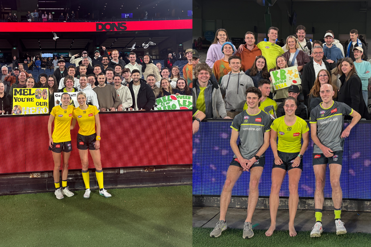 Sambrooks, Miller and Barr had huge support in the crowd from family, friends and the wider umpiring team. (Photos: AFL)