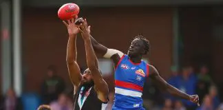 In-demand Western Bulldogs defender addresses future BALLARAT, AUSTRALIA - MAY 03: Esava Ratugolea of the Power and Buku Khamis of the Bulldogs compete for the ball during the round eight AFL match between Western Bulldogs and Port Adelaide Power at Mars Stadium, on May 03, 2025, in Ballarat, Australia. (Photo by Morgan Hancock/Getty Images)