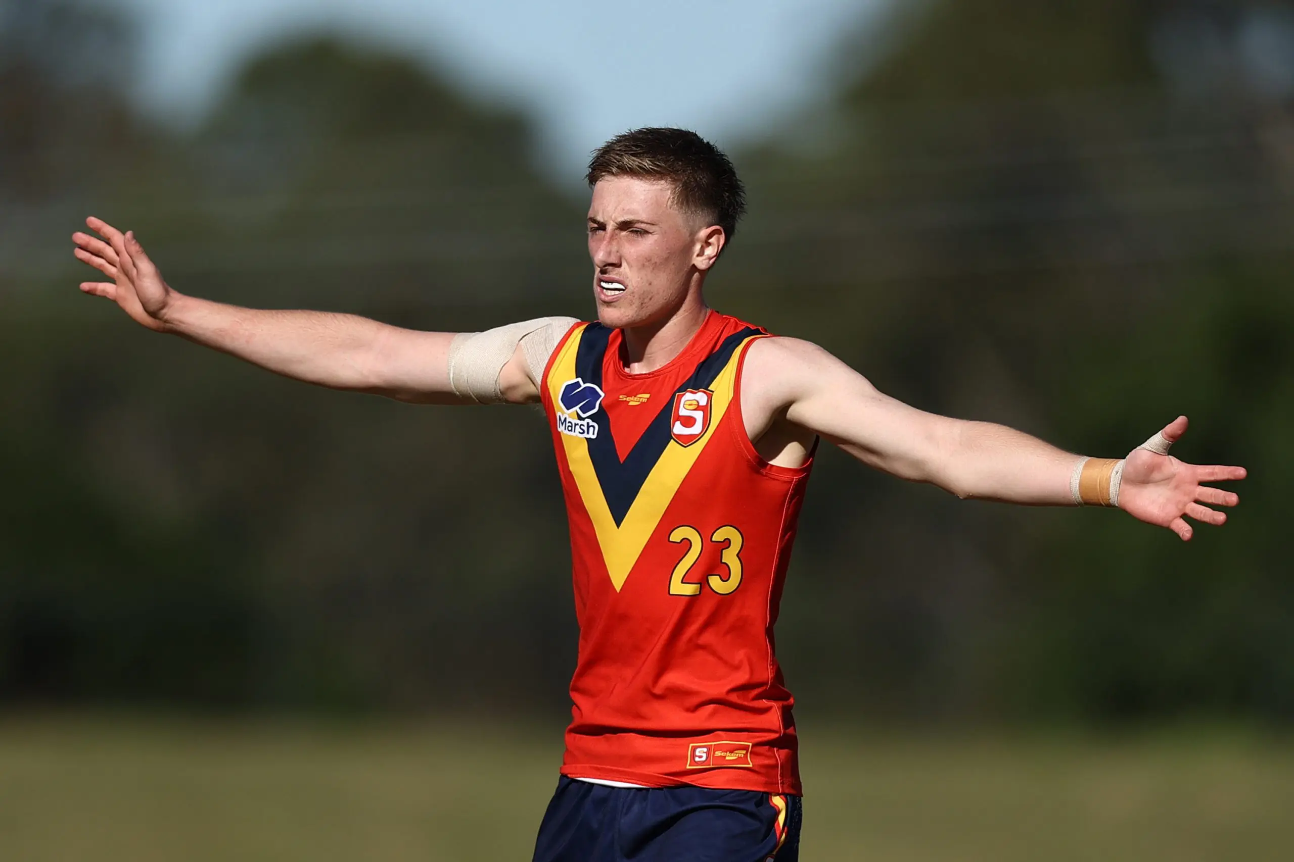 SYDNEY, AUSTRALIA - JUNE 01: Blake Oudshoorn-Bennier of South Australia during the Marsh AFL National Championships U18 Boys match between Allies and South Australia at Blacktown International Sportspark on June 01, 2025 in Sydney, Australia. (Photo by Jason McCawley/AFL Photos/via Getty Images)