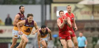GOLD COAST, AUSTRALIA - JULY 26: Matt Rowell of the Suns competes for the ball during the round 20 AFL match between Gold Coast SUNS and Brisbane Lions at People First Stadium on July 26, 2025 in Gold Coast, Australia. (Photo by Matt Roberts/AFL Photos/Getty Images)