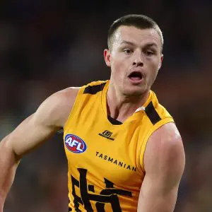 ADELAIDE, AUSTRALIA - AUGUST 1: Jack Ginnivan of the Hawks during the 2025 AFL Round 21 match between the Adelaide Crows and the Hawthorn Hawks at Adelaide Oval on August 1, 2025 in Adelaide, Australia. (Photo by Sarah Reed/AFL Photos via Getty Images)