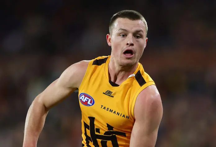 ADELAIDE, AUSTRALIA - AUGUST 1: Jack Ginnivan of the Hawks during the 2025 AFL Round 21 match between the Adelaide Crows and the Hawthorn Hawks at Adelaide Oval on August 1, 2025 in Adelaide, Australia. (Photo by Sarah Reed/AFL Photos via Getty Images)