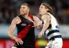 Big Bomber grounded as scans reveal ligament damage GEELONG, AUSTRALIA - AUGUST 08: Peter Wright of the Bombers and Rhys Stanley of the Cats compete in a ruck contest during the 2025 AFL Round 22 match between the Geelong Cats and the Essendon Bombers at GMHBA Stadium on August 8, 2025 in Geelong, Australia. (Photo by Michael Willson/AFL Photos via Getty Images)