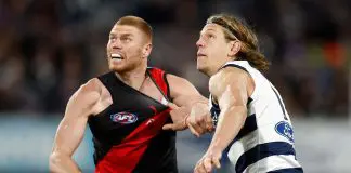 Big Bomber, Tiger defender grounded ahead of Dreamtime GEELONG, AUSTRALIA - AUGUST 08: Peter Wright of the Bombers and Rhys Stanley of the Cats compete in a ruck contest during the 2025 AFL Round 22 match between the Geelong Cats and the Essendon Bombers at GMHBA Stadium on August 8, 2025 in Geelong, Australia. (Photo by Michael Willson/AFL Photos via Getty Images)
