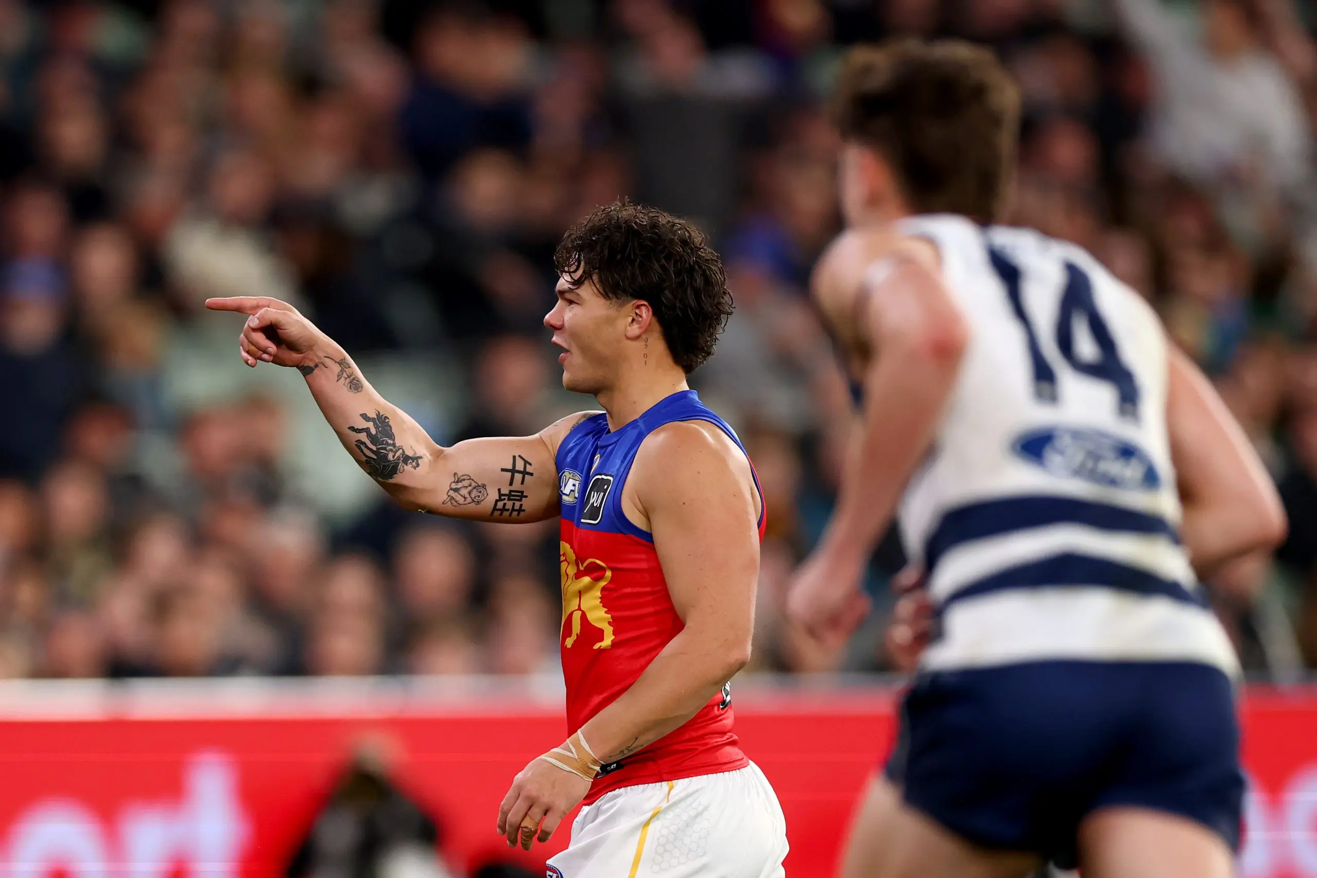 MELBOURNE, AUSTRALIA - SEPTEMBER 05: Cam Rayner of the Lions celebrates kicking a goal during the AFL Qualifying Final match between Geelong Cats and Brisbane Lions at Melbourne Cricket Ground on September 05, 2025 in Melbourne, Australia. (Photo by Daniel Pockett/Getty Images)