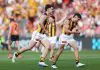 SYDNEY, AUSTRALIA - SEPTEMBER 06:  Jai Newcombe of the Hawks celebrates with team mates after kicking a goal during the AFL Elimination Final match between Greater Western Sydney Giants and Hawthorn Hawks at ENGIE Stadium on September 06, 2025 in Sydney, Australia. (Photo by Matt King/AFL Photos/via Getty Images)