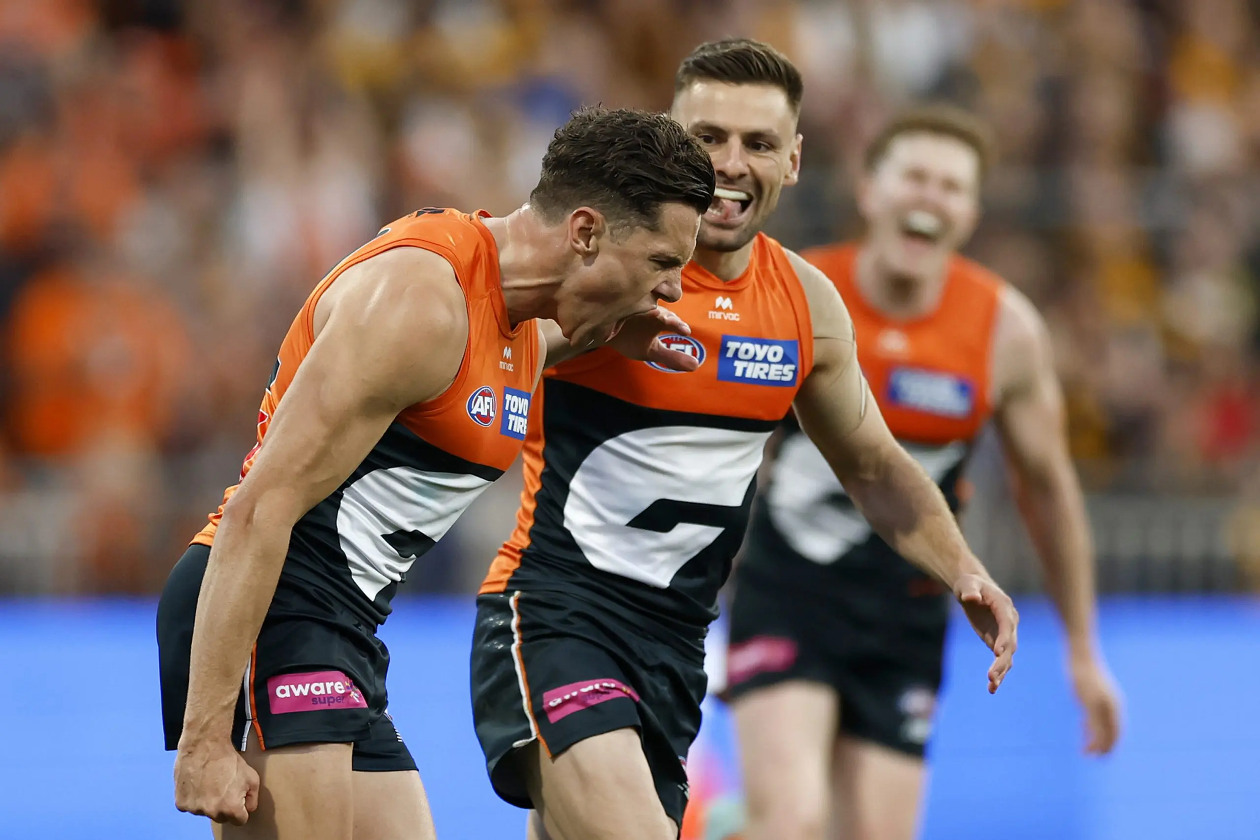 SYDNEY, AUSTRALIA - SEPTEMBER 06: Josh Kelly of the Giants celebrates kicking a goal during the AFL Elimination Final match between Greater Western Sydney Giants and Hawthorn Hawks at ENGIE Stadium on September 06, 2025 in Sydney, Australia. (Photo by Darrian Traynor/Getty Images)
