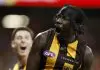 SYDNEY, AUSTRALIA - SEPTEMBER 06: Mabior Chol of the Hawks celebrates kicking a goal during the AFL Elimination Final match between Greater Western Sydney Giants and Hawthorn Hawks at ENGIE Stadium on September 06, 2025 in Sydney, Australia. (Photo by Darrian Traynor/Getty Images)