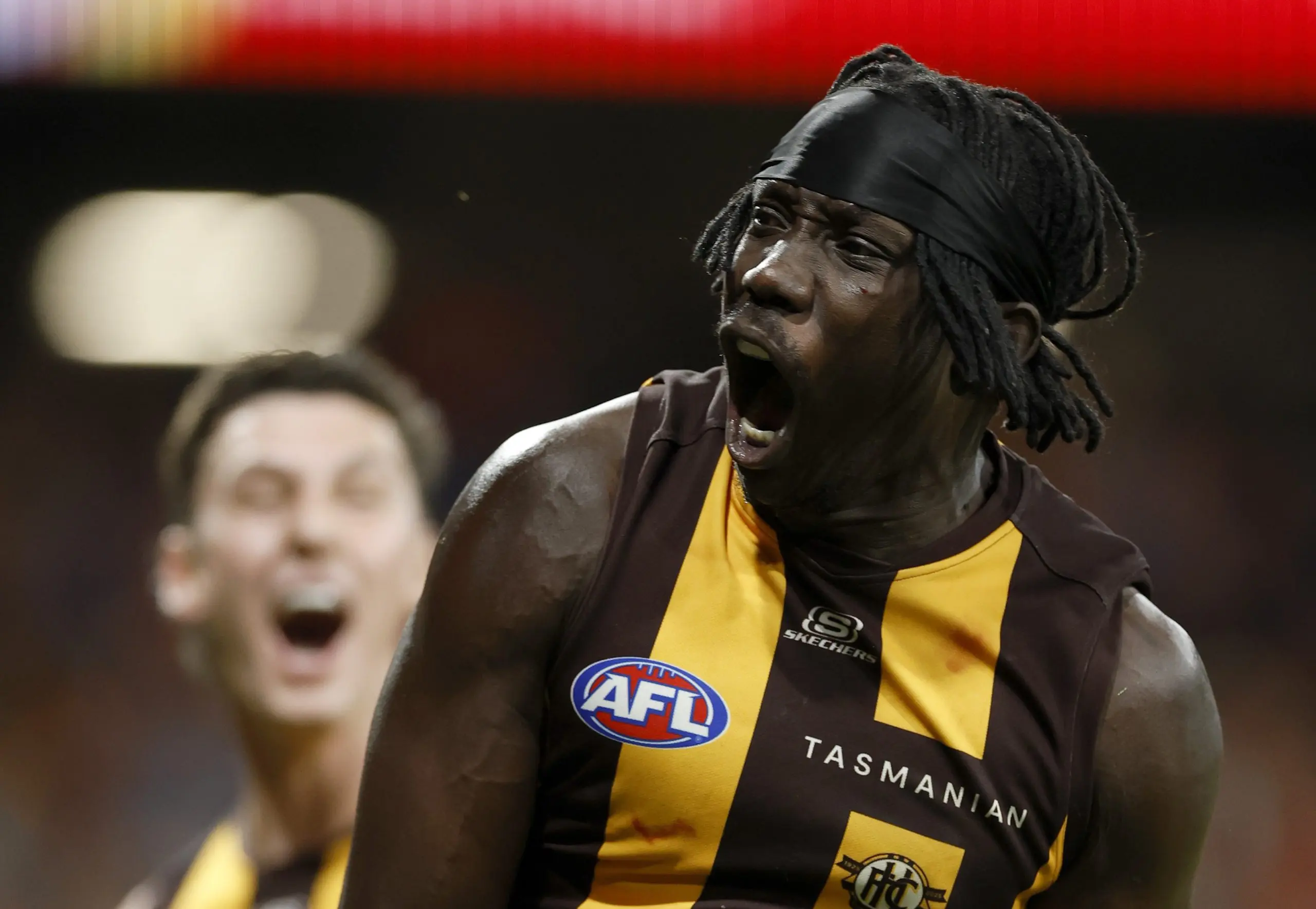 SYDNEY, AUSTRALIA - SEPTEMBER 06: Mabior Chol of the Hawks celebrates kicking a goal during the AFL Elimination Final match between Greater Western Sydney Giants and Hawthorn Hawks at ENGIE Stadium on September 06, 2025 in Sydney, Australia. (Photo by Darrian Traynor/Getty Images)