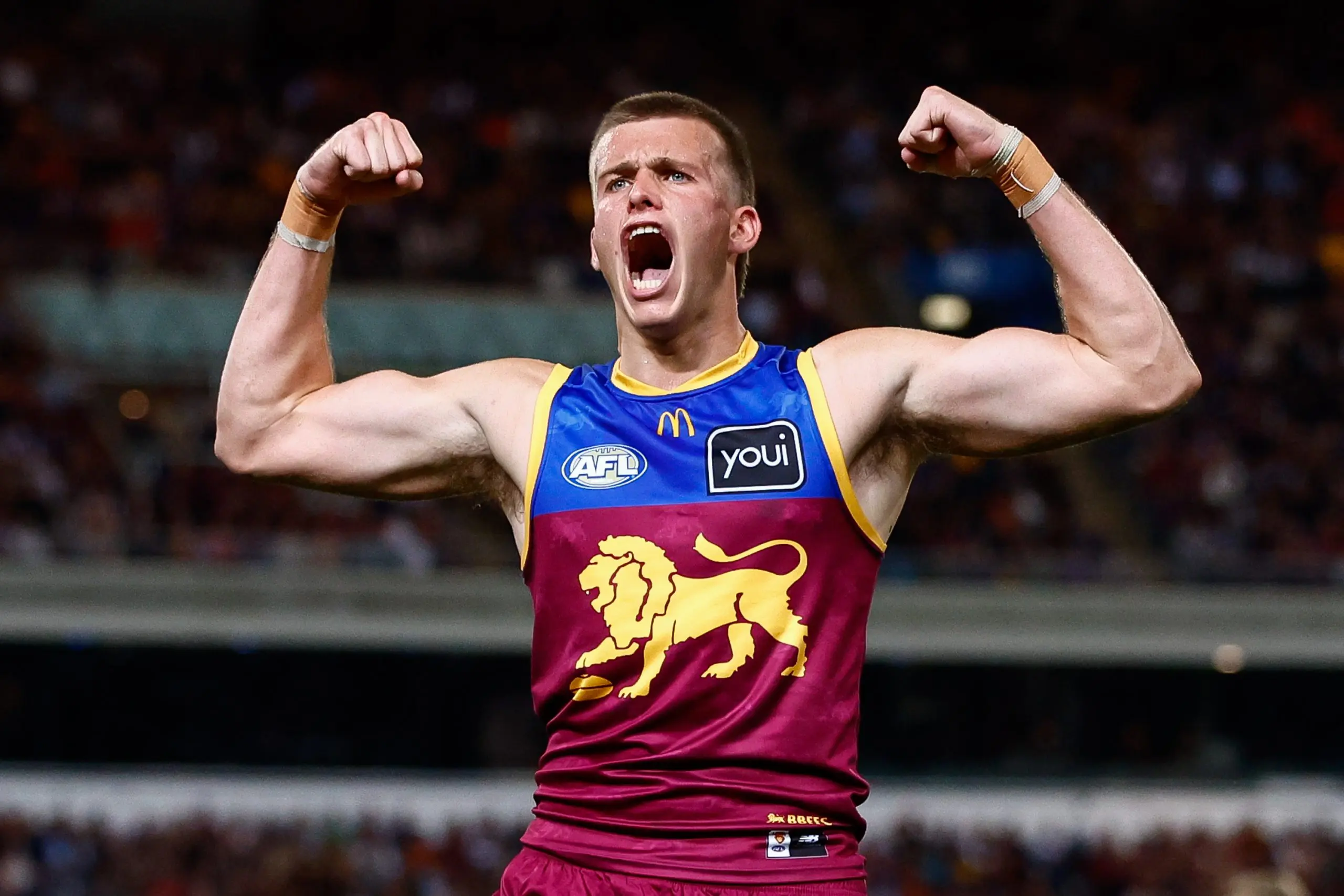 BRISBANE, AUSTRALIA - SEPTEMBER 13: Ty Gallop of the Lions celebrates a goal during the AFL Second Semi Final match between the Brisbane Lions and the Gold Coast Suns at the Gabba on September 13, 2025 in Brisbane, Australia. (Photo by Russell Freeman/AFL Photos via Getty Images)