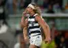 MELBOURNE, AUSTRALIA - SEPTEMBER 19: Bailey Smith of the Cats celebrates a goal during the AFL Second Preliminary Final match between the Geelong Cats and the Hawthorn Hawks at the Melbourne Cricket Ground on September 19, 2025 in Melbourne, Australia. (Photo by Michael Willson/AFL Photos via Getty Images)