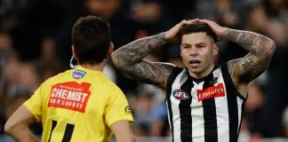 MELBOURNE, AUSTRALIA - SEPTEMBER 20: Jamie Elliott of the Magpies appeals to the umpire during the AFL First Preliminary Final match between the Collingwood Magpies and the Brisbane Lions at the Melbourne Cricket Ground on September 20, 2025 in Melbourne, Australia. (Photo by Michael Willson/AFL Photos via Getty Images)