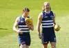 GEELONG, AUSTRALIA - SEPTEMBER 18: Patrick Dangerfield and Rhys Stanley of the Cats chat during the Geelong Cats AFL captain's run at GMHBA Stadium on September 18, 2025 in Geelong, Australia. (Photo by Morgan Hancock/Getty Images)