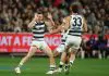 Geelong provides “positive” perspective of star’s return ahead of AFL Finals MELBOURNE, AUSTRALIA - SEPTEMBER 19: Max Holmes of the Cats celebrates a goal during the AFL Preliminary Final match between Geelong Cats and Hawthorn Hawks at Melbourne Cricket Ground on September 19, 2025 in Melbourne, Australia. (Photo by Robert Cianflone/Getty Images)