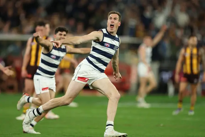 MELBOURNE, AUSTRALIA - SEPTEMBER 19: Jeremy Cameron of the Cats celebrates a goal during the AFL Preliminary Final match between Geelong Cats and Hawthorn Hawks at Melbourne Cricket Ground on September 19, 2025 in Melbourne, Australia. (Photo by Robert Cianflone/Getty Images)