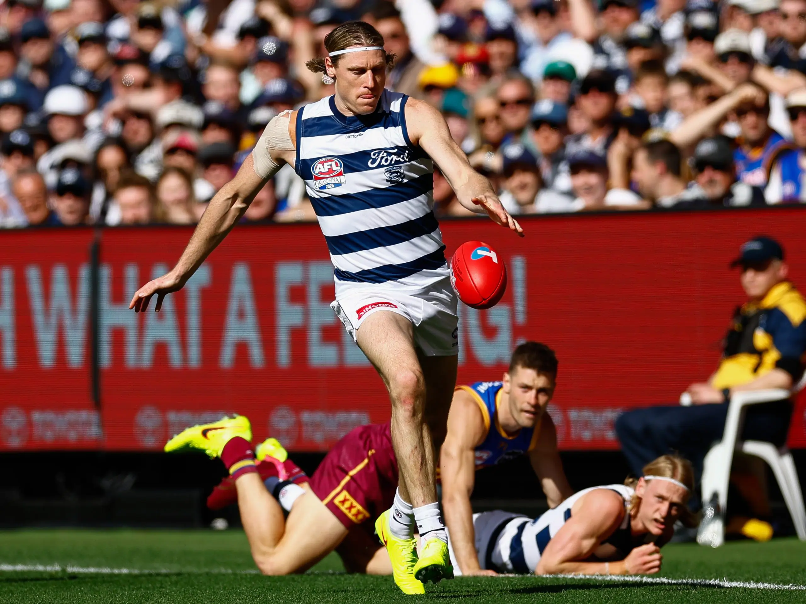 MELBOURNE, AUSTRALIA - SEPTEMBER 27: Mark Blicavs of the Cats in action during the AFL Grand Final match between the Geelong Cats and the Brisbane Lions at the Melbourne Cricket Ground on September 27, 2025 in Melbourne, Australia. (Photo by Russell Freeman/AFL Photos via Getty Images)