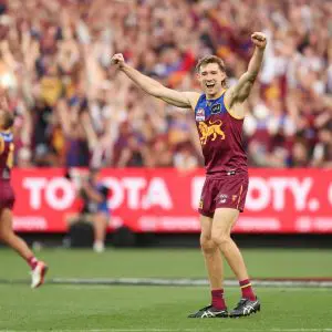 MELBOURNE, AUSTRALIA - SEPTEMBER 27: Harris Andrews of the Lions celebrates after the Lions defeated the Cats during the AFL Grand Final match between Geelong Cats and Brisbane Lions at Melbourne Cricket Ground on September 27, 2025 in Melbourne, Australia. (Photo by Robert Cianflone/AFL Photos/via Getty Images)