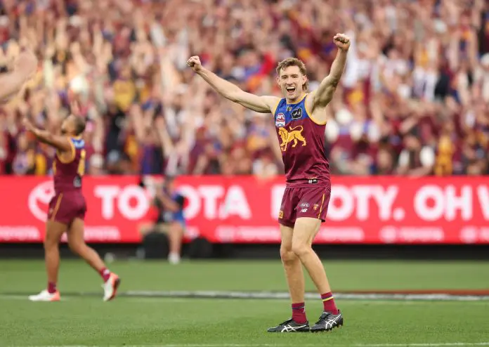 MELBOURNE, AUSTRALIA - SEPTEMBER 27: Harris Andrews of the Lions celebrates after the Lions defeated the Cats during the AFL Grand Final match between Geelong Cats and Brisbane Lions at Melbourne Cricket Ground on September 27, 2025 in Melbourne, Australia. (Photo by Robert Cianflone/AFL Photos/via Getty Images)