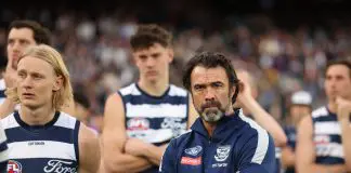 MELBOURNE, AUSTRALIA - SEPTEMBER 27: Cats coach Chris Scott looks on after the Cats were defeated by the Lions during the AFL Grand Final match between Geelong Cats and Brisbane Lions at Melbourne Cricket Ground on September 27, 2025 in Melbourne, Australia. (Photo by Robert Cianflone/AFL Photos/via Getty Images)