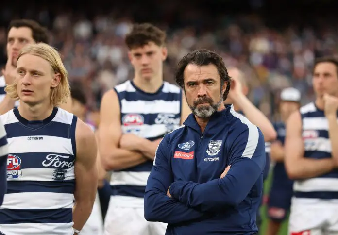 MELBOURNE, AUSTRALIA - SEPTEMBER 27: Cats coach Chris Scott looks on after the Cats were defeated by the Lions during the AFL Grand Final match between Geelong Cats and Brisbane Lions at Melbourne Cricket Ground on September 27, 2025 in Melbourne, Australia. (Photo by Robert Cianflone/AFL Photos/via Getty Images)