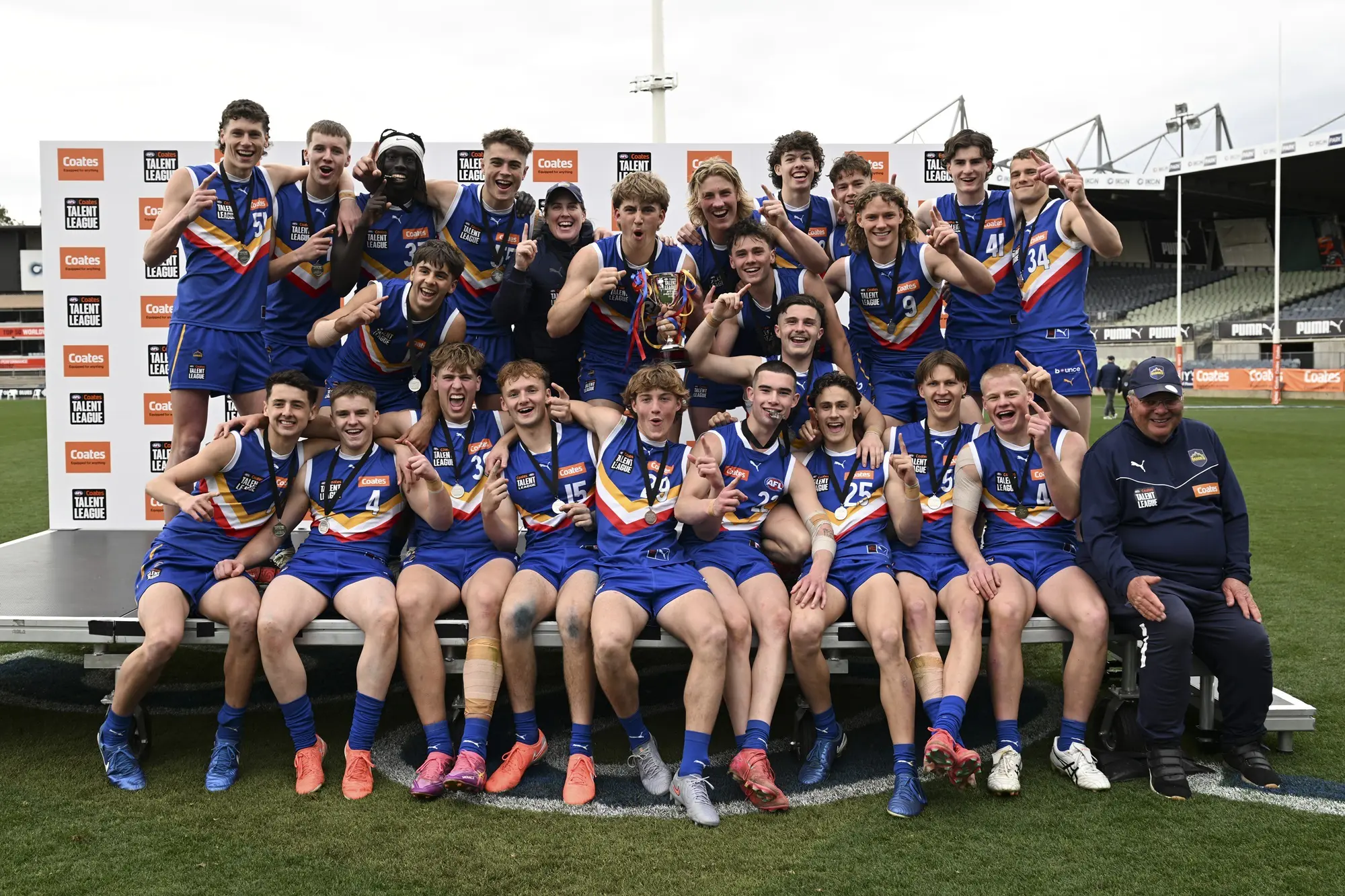 MELBOURNE, AUSTRALIA - SEPTEMBER 20: The Eastern Ranges celebrate winning the during the 2025 Coates Talent League Boys Grand Final match between the Eastern Ranges and the Sandringham Dragons at IKON Park on September 20th, 2025 in Melbourne, Australia. (Photo by Lachie Chugg/AFL Photos)