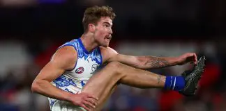 MELBOURNE, AUSTRALIA - MAY 24: Finnbar Maley of the Kangaroos kicks the ball during the round 11 AFL match between North Melbourne Kangaroos and Collingwood Magpies at Marvel Stadium, on May 24, 2025, in Melbourne, Australia. (Photo by Morgan Hancock/Getty Images)