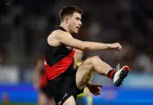“At this point in time”: Essendon gun gives hint on future talk GEELONG, AUSTRALIA - AUGUST 08: Zach Merrett of the Bombers kicks the ball during the 2025 AFL Round 22 match between the Geelong Cats and the Essendon Bombers at GMHBA Stadium on August 8, 2025 in Geelong, Australia. (Photo by Michael Willson/AFL Photos via Getty Images)