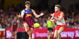 West Coast confirmed addition of THREE ex-AFL midfielders BRISBANE, AUSTRALIA - AUGUST 09: Deven Robertson of the Lions kicks during the round 22 AFL match between Brisbane Lions and Sydney Swans at The Gabba on August 09, 2025 in Brisbane, Australia. (Photo by Chris Hyde/AFL Photos/via Getty Images)