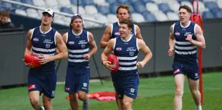 GEELONG, AUSTRALIA - SEPTEMBER 22: Shannon Neale and Patrick Retschko of the Cats run during a Geelong Cats Training Session at GMHBA Stadium on September 22, 2025 in Geelong, Australia. (Photo by Morgan Hancock/Getty Images)