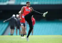 Ex-Swans midfielder joins cross-town rivals to keep AFL dream alive SYDNEY, AUSTRALIA - SEPTEMBER 13: James Bell of the Swans kicks during a Sydney Swans AFL training session at Sydney Cricket Ground on September 13, 2022 in Sydney, Australia. (Photo by Jason McCawley/Getty Images)