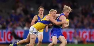 FINAL TEAMS: Western Bulldogs vs West Coast – Round 18, 2026 MELBOURNE, AUSTRALIA - AUGUST 17: Sam Davidson of the Bulldogs is tackled during the round 23 AFL match between Western Bulldogs and West Coast Eagles at Marvel Stadium on August 17, 2025 in Melbourne, Australia. (Photo by Graham Denholm/Getty Images)