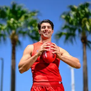 GOLD COAST, AUSTRALIA - OCTOBER 17: Christian Petracca poses during a media opportunity with the Gold Coast Suns at People First Stadium on October 17, 2025 in Gold Coast, Australia. (Photo by Albert Perez/Getty Images)