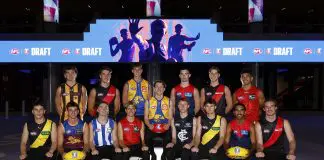 MELBOURNE, AUSTRALIA - NOVEMBER 19: First round picks (Top Row L-R) Cameron Nairn of the Hawks, Sullivan Robey of the Bombers, Cooper Duff-Tytler of the Eagles, Xavier Taylor of the Demons, Jacob Farrow of the Bombers, Dylan Patterson of the Suns, Willem Duursma of the Eagles (C) (Bottom Row L-R) Sam Grlj of the Tigers, Daniel Annable of the Lions, Lachy Dovaston of the Kangaroos, Zeke Uwland of the Suns, Harry Dean of the Blues, Sam Cumming of the Tigers, Latrelle Pickett of the Demons and Dyson Sharp of the Bombers pose during the 2025 Telstra AFL Draft at Marvel Stadium on November 19th, 2025 in Melbourne, Australia. (Photo by Michael Willson/AFL Photos via Getty Images)