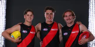 Essendon draftee facing limited pre-season MELBOURNE, AUSTRALIA - NOVEMBER 19: Jacob Farrow, Sullivan Robey and Dyson Sharp pose after being selected by the Bombers as part of the 2025 Telstra AFL Draft at Marvel Stadium on November 19, 2025 in Melbourne, Australia. (Photo by Morgan Hancock/Getty Images)