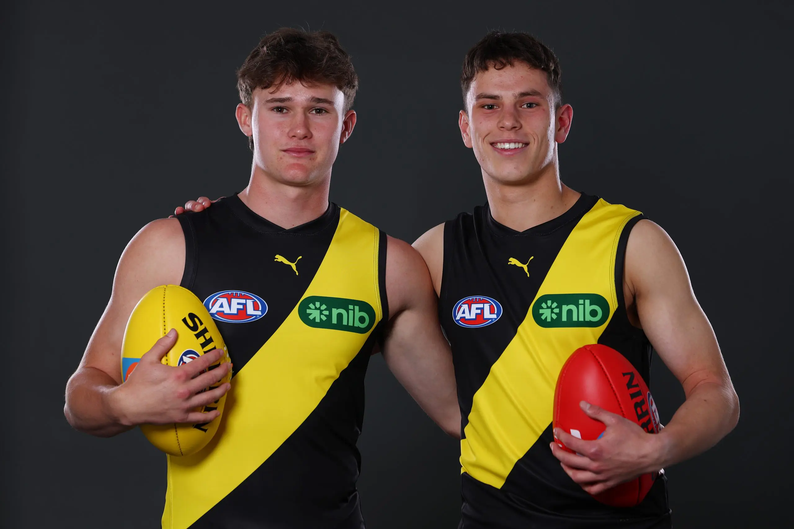 MELBOURNE, AUSTRALIA - NOVEMBER 19: Sam Cumming and Samuel Grlj pose after being selected by the Tigers as part of the 2025 Telstra AFL Draft at Marvel Stadium on November 19, 2025 in Melbourne, Australia. (Photo by Morgan Hancock/Getty Images)