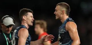 MELBOURNE, AUSTRALIA - MAY 20: Patrick Cripps of the Blues celebrates with Sam Walsh of the Blues after the Blues defeated the Swans during the round 10 AFL match between the Carlton Blues and the Sydney Swans at Marvel Stadium on May 20, 2022 in Melbourne, Australia. (Photo by Robert Cianflone/Getty Images)
