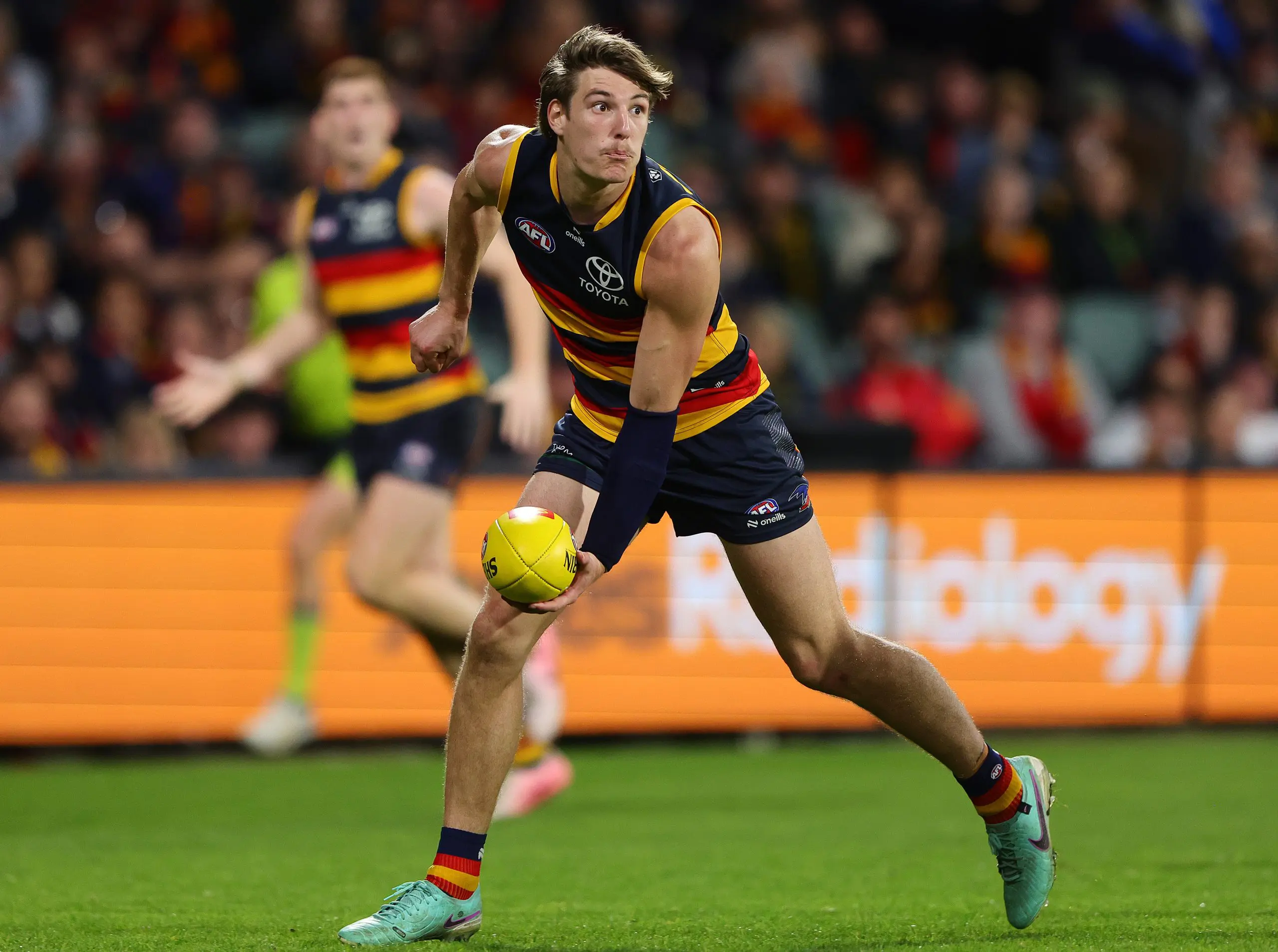 ADELAIDE, AUSTRALIA - AUG 11: Josh Worrell of the Crows during the 2024 AFL Round 22 match between the Adelaide Crows and the Western Bulldogs at Adelaide Oval on August 11, 2024 in Adelaide, Australia. (Photo by Sarah Reed/AFL Photos via Getty Images)