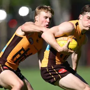 MELBOURNE, AUSTRALIA - MARCH 18: Josh Ward of the Hawks is tackled by Cam Mackenzie of the Hawks during a Hawthorn Hawks AFL training session at Waverley Park on March 18, 2025 in Melbourne, Australia. (Photo by Quinn Rooney/Getty Images)