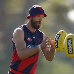 MELBOURNE, AUSTRALIA - APRIL 10: Max Gawn of the Demons takes the ball during a Melbourne Demons AFL training session at Casey Fields on April 10, 2025 in Melbourne, Australia. (Photo by Robert Cianflone/Getty Images)