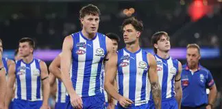 Kangaroos decide on Simpkin successor MELBOURNE, AUSTRALIA - APRIL 18: Nick Larkey of the Kangaroos and Jy Simpkin of the Kangaroos leave the field after the round six AFL match between North Melbourne Kangaroos and Carlton Blues at Marvel Stadium, on April 18, 2025, in Melbourne, Australia. (Photo by Daniel Pockett/Getty Images)