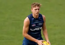 GEELONG, AUSTRALIA - MAY 15: Jay Polkinghorne of the Cats in action during the Geelong Cats training session at GMHBA Stadium on May 15, 2025 in Geelong, Australia. (Photo by Michael Willson/AFL Photos via Getty Images)
