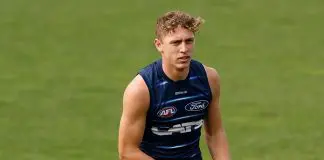 GEELONG, AUSTRALIA - MAY 15: Jay Polkinghorne of the Cats in action during the Geelong Cats training session at GMHBA Stadium on May 15, 2025 in Geelong, Australia. (Photo by Michael Willson/AFL Photos via Getty Images)