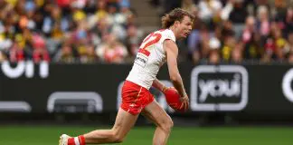 Victorian clubs targeting suspended Sydney star MELBOURNE, AUSTRALIA - JUNE 07: Nick Blakey of the Swans runs with the ball during the round 13 AFL match between Richmond Tigers and Sydney Swans at Melbourne Cricket Ground, on June 07, 2025, in Melbourne, Australia. (Photo by Morgan Hancock/AFL Photos/via Getty Images)