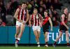 Saint requests trade, free agents announce their futures: AFL trade wrap MELBOURNE, AUSTRALIA - AUGUST 15: Rowan Marshall of the Saints celebrates kicking a goal during the round 23 AFL match between Essendon Bombers and St Kilda Saints at Marvel Stadium on August 15, 2025 in Melbourne, Australia. (Photo by Morgan Hancock/Getty Images)